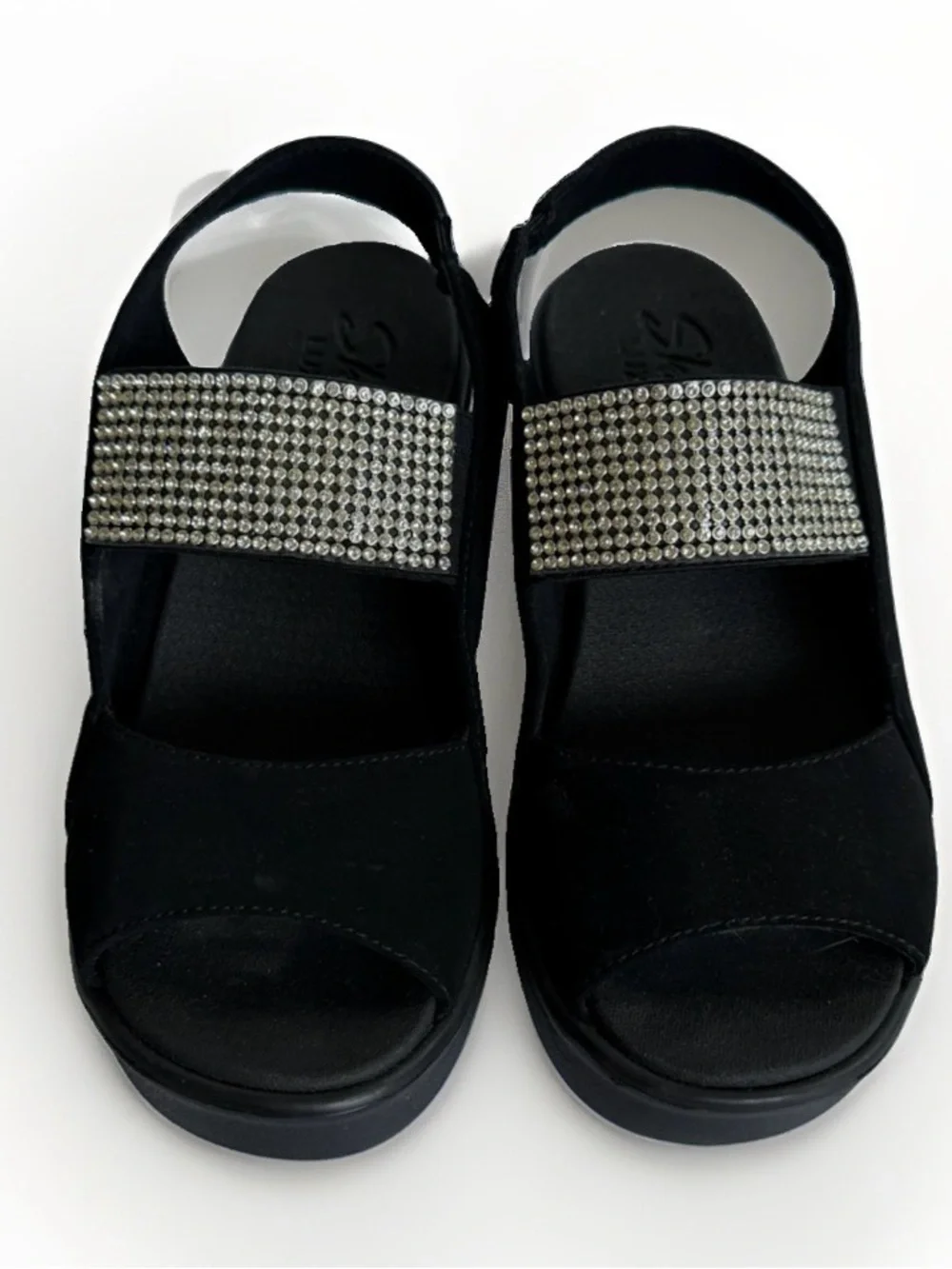 Skechers Luxe Foam Womens 7 Black Rhinestone Wedge Sandals Slingback Open Toe